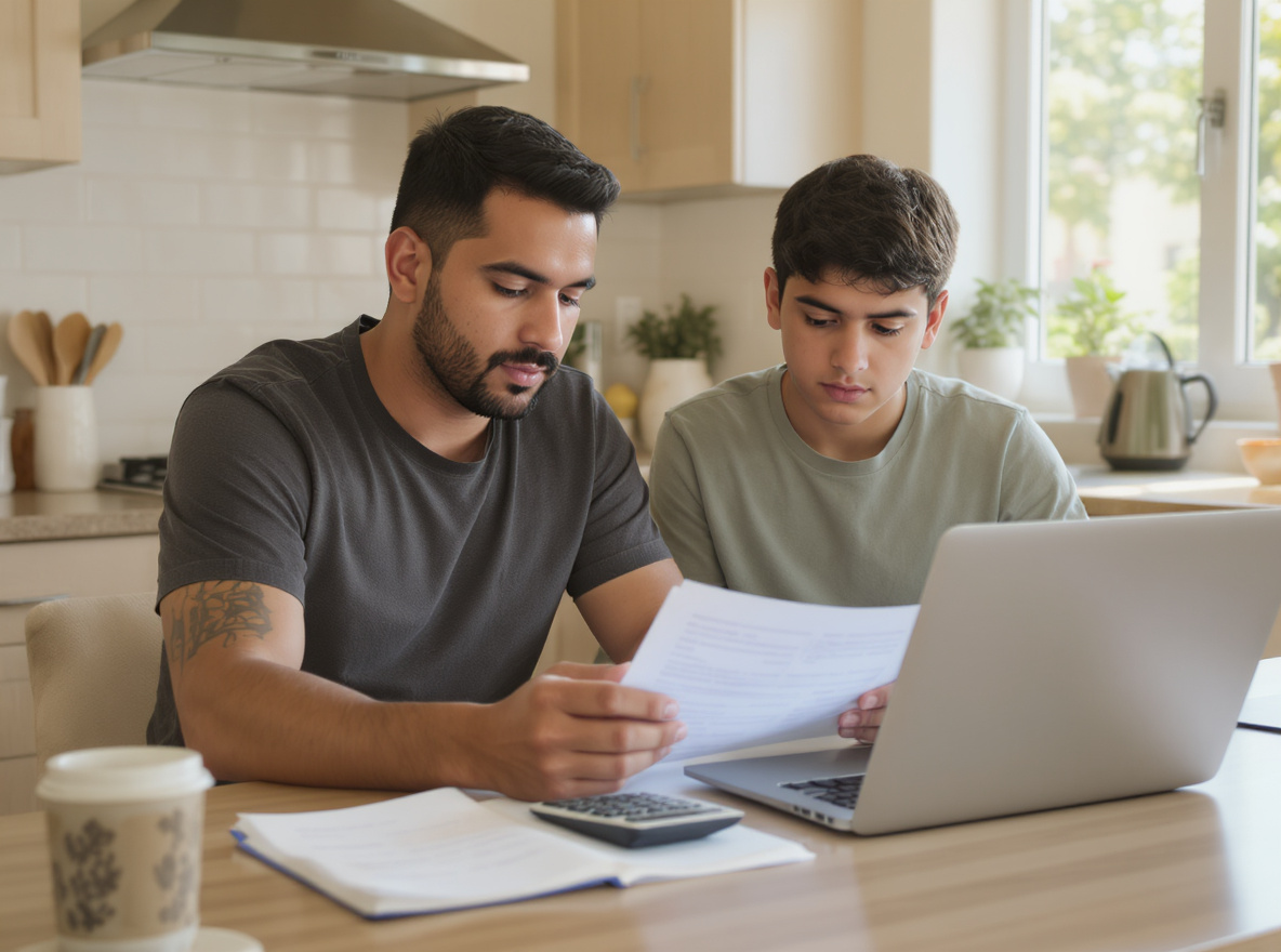 A father and son reviewing a household budget on a laptop