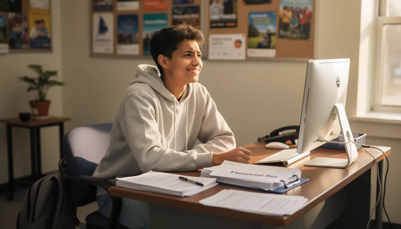 College student at financial aid office receiving emergency fund assistance