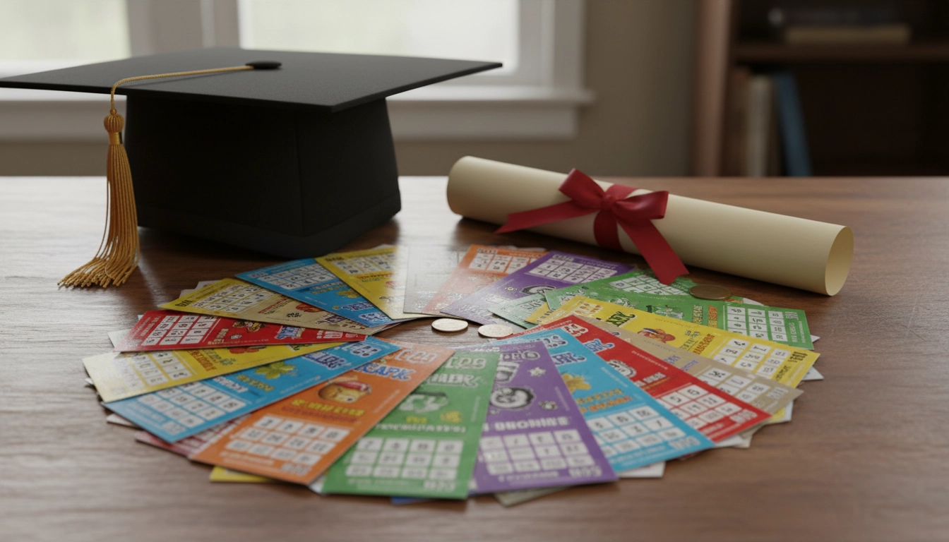Lottery scratch tickets arranged next to a graduation cap and diploma