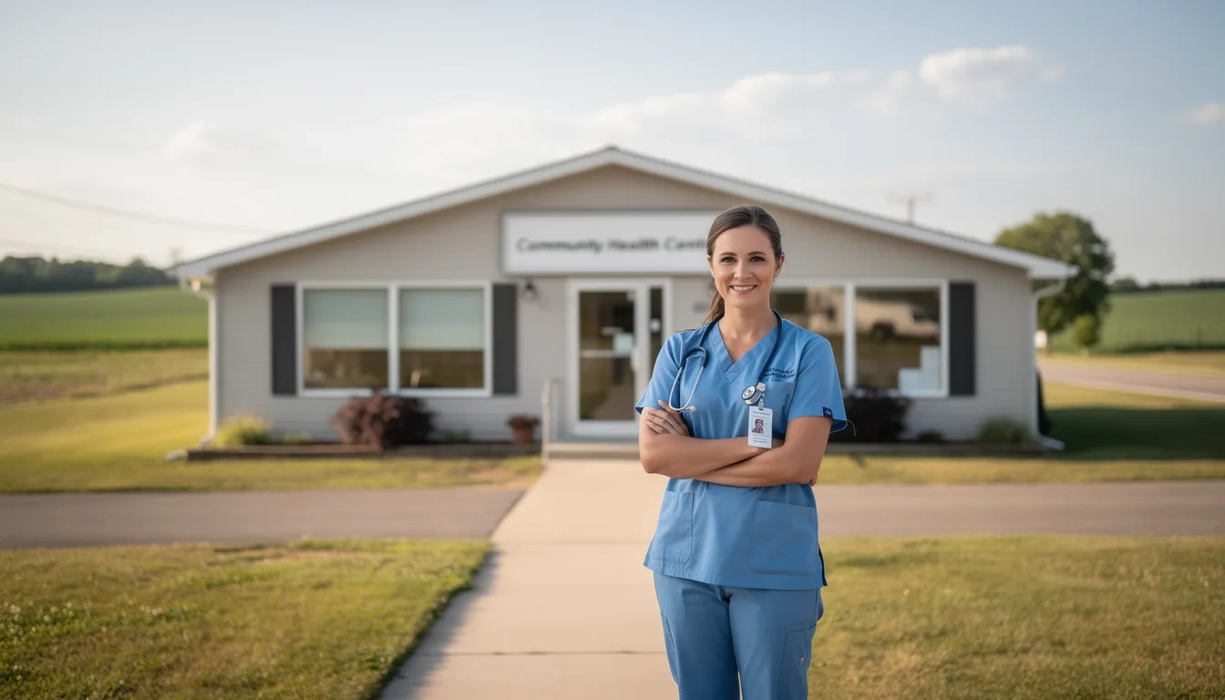 Rural nurse standing outside a small community health clinic with countryside in the background