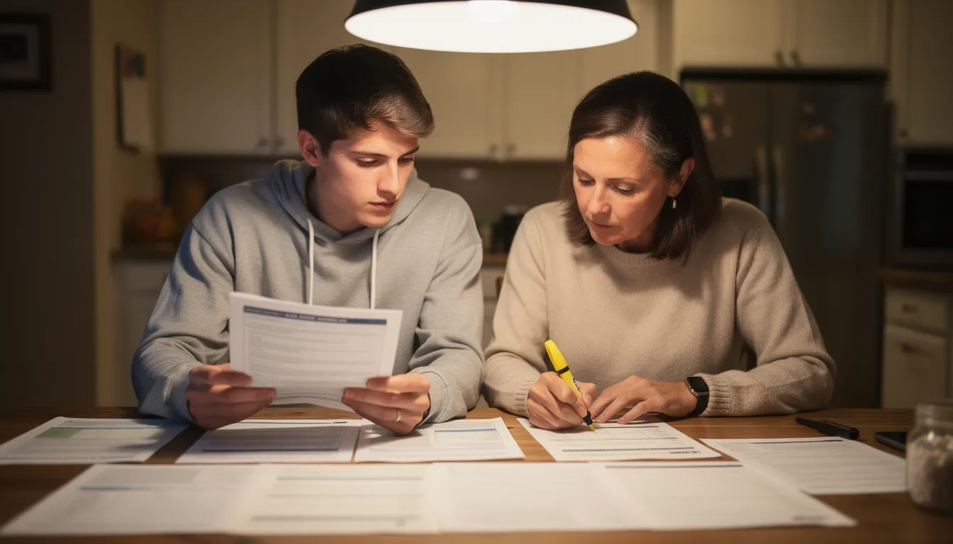 A family sitting at a kitchen table reviewing a college financial aid award letter, highlighting different line items with a pen
