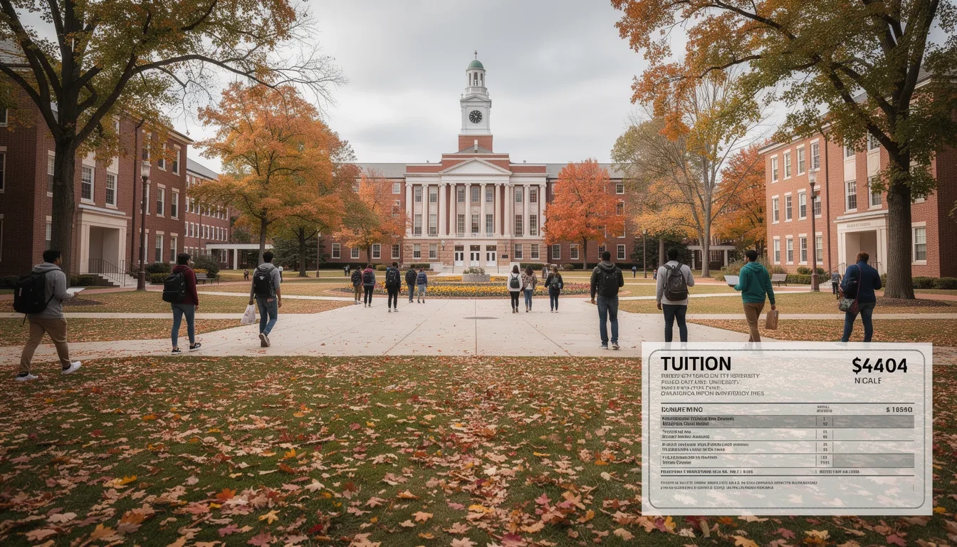Public university campus with students walking across a fall quad