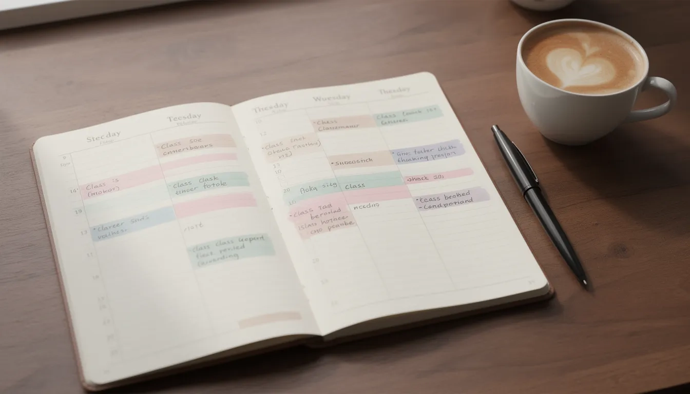 Color-coded weekly planner representing a burnout-resistant class schedule