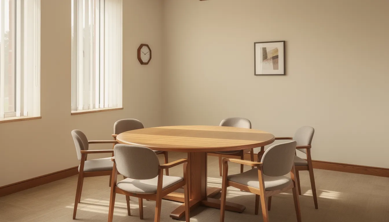 Small seminar room with a round table representing honors college class sizes