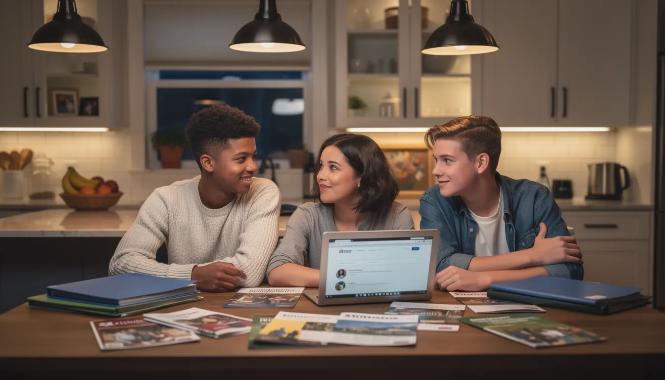 Middle-class family reviewing college financial aid options at home