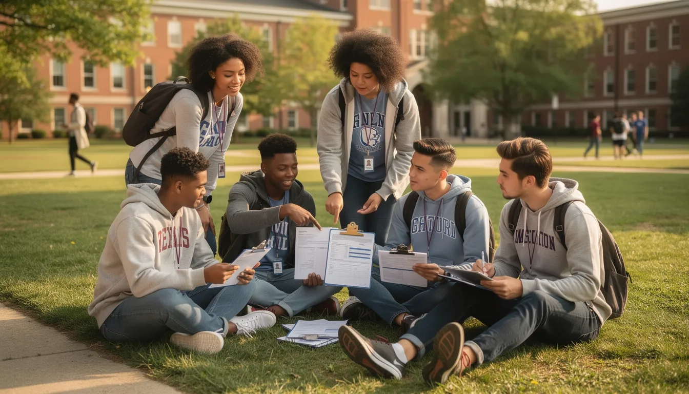 Ohio college students reviewing financial aid documents on campus