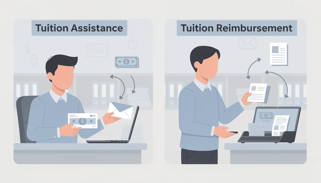 Comparison diagram showing the difference between tuition assistance (upfront payment) and tuition reimbursement (pay first, get paid back)