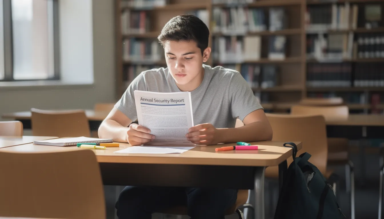 A student reading an official university annual security report document at a campus library desk