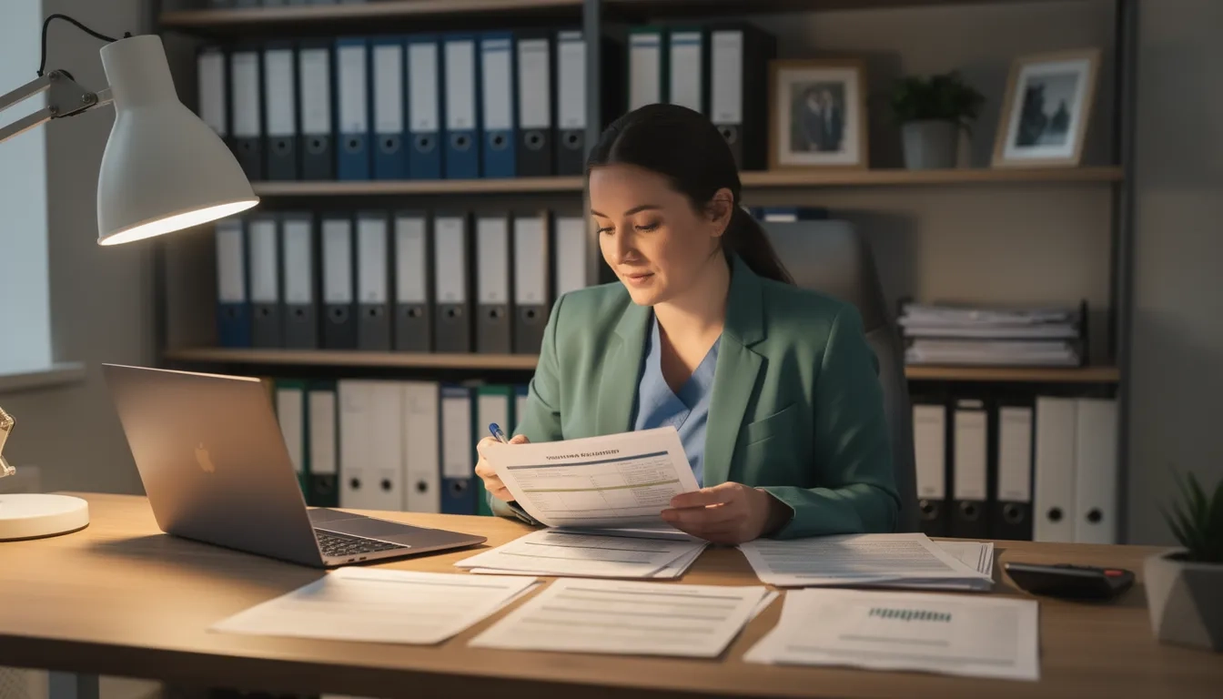 Social worker reviewing student loan forgiveness documents at a desk