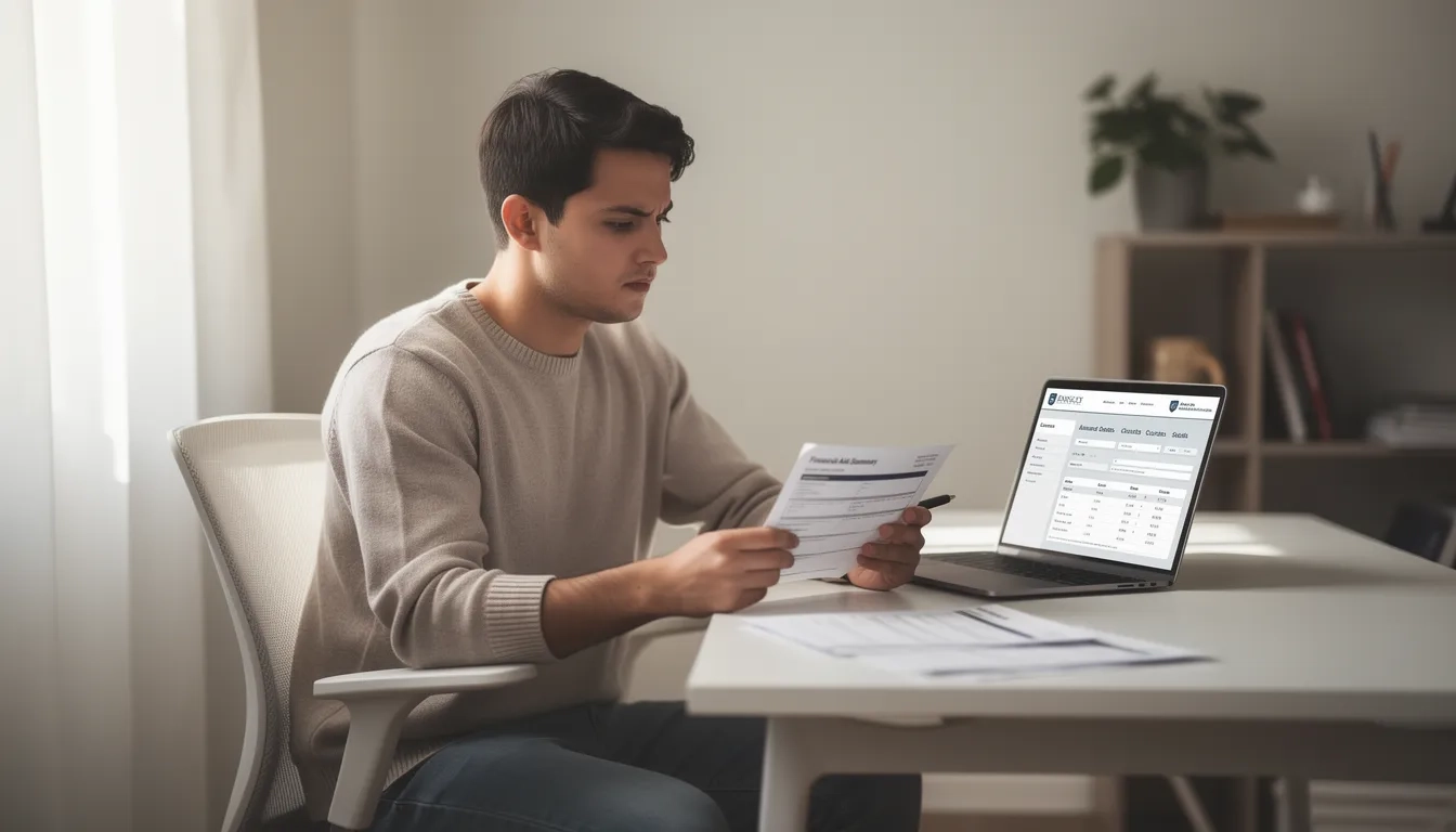 A college student reviewing financial aid documents at a desk with a laptop, looking focused and informed