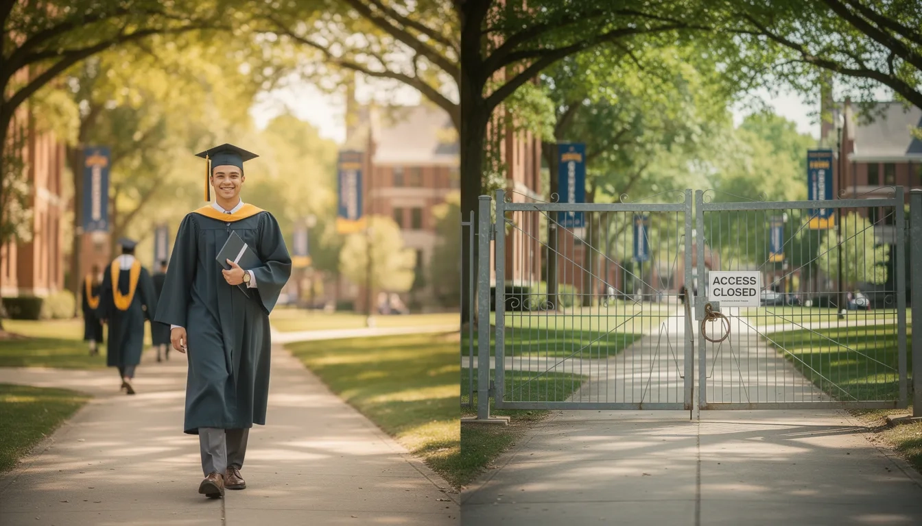 Two diverging paths on a university campus representing the gap between transfer students who graduate and those who don't