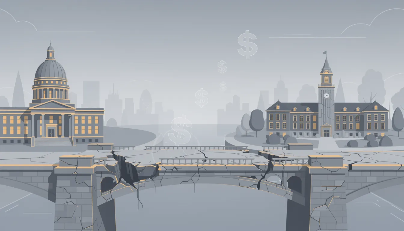 Illustration of a deteriorating connection between a state capitol and a public university campus, symbolizing declining state funding