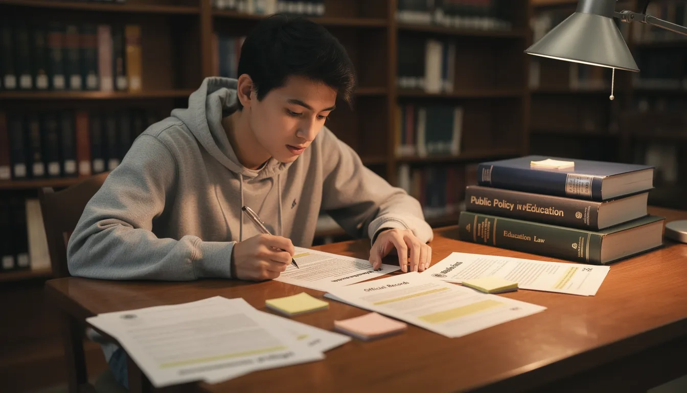 A college student in an education program reviews federal grant paperwork at a campus library desk